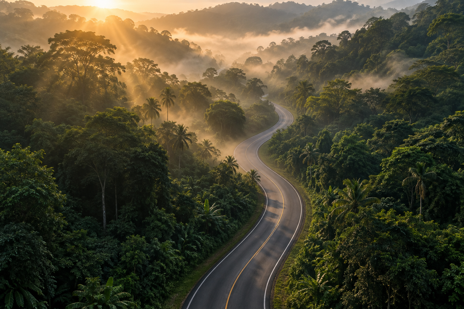 A winding road through a lush tropical forest at sunrise